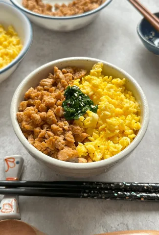 egg and ground chicken with a rice bowl dish