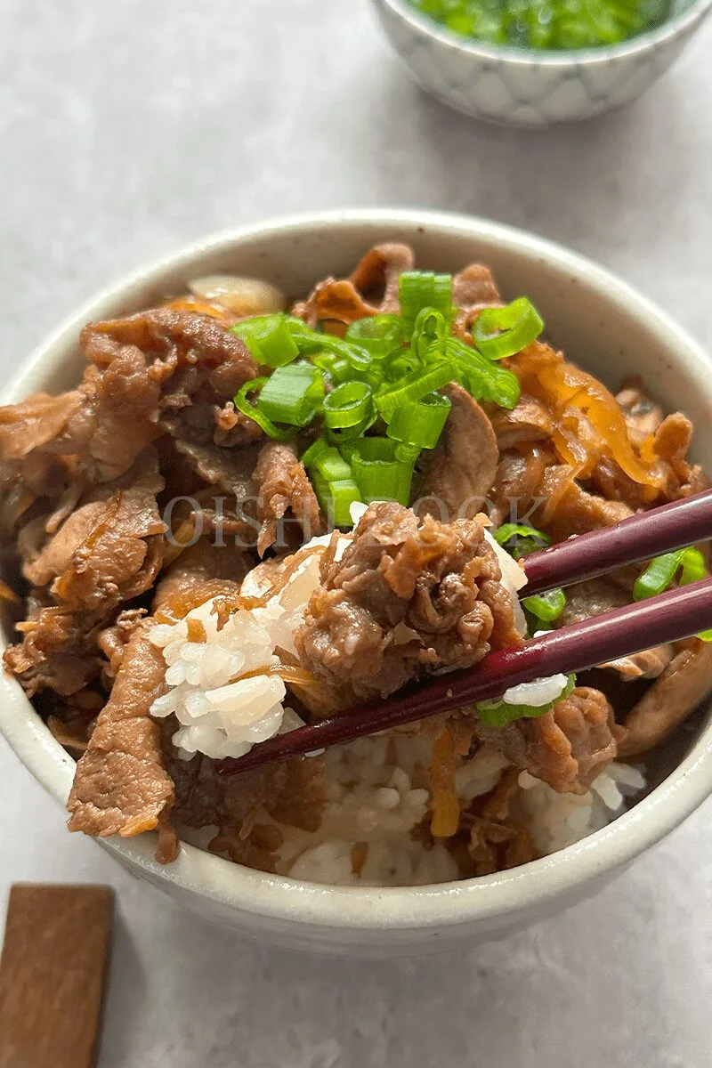 Mushroom and beef with a bowl of rice
